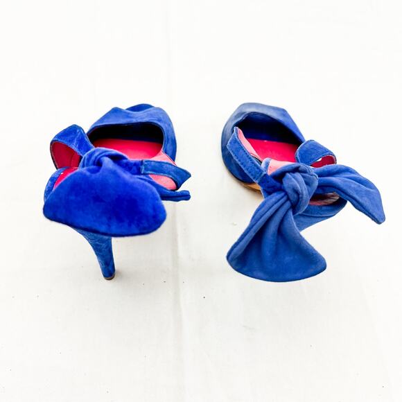 Mellow Yellow Blue Suede Peep Toe Pump Bow Accent Slingback Size 40 Mint Paris - Picture 3 of 6